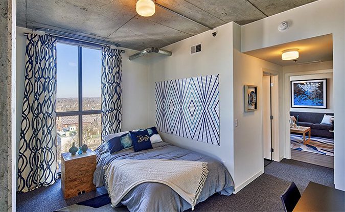 Apartment bedroom area at Foundry Lofts